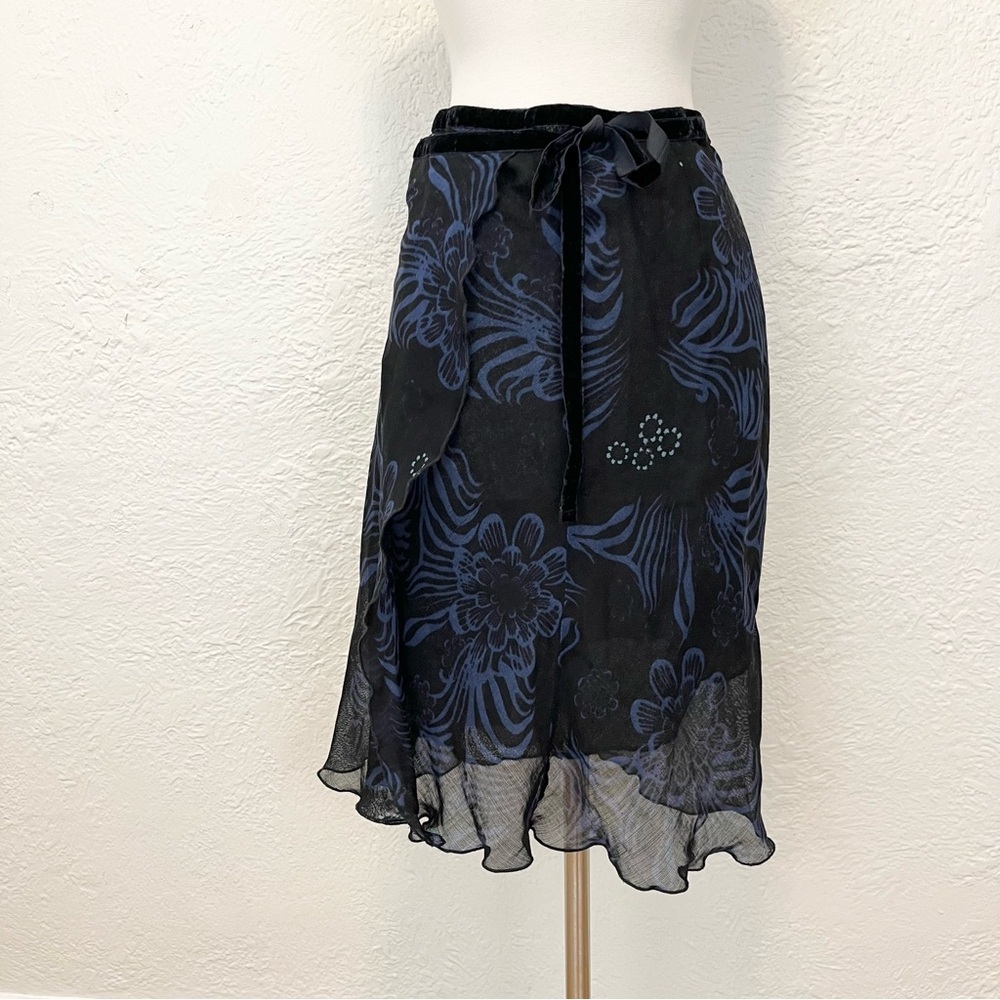 United Colors of Benetton Wrap Skirt Black Blue Floral Y2K 90s 44 M